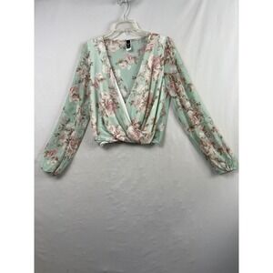 Windsor Floral Mesh Surplice Wrap Top Womens Medium Sage Green Rose Long Sleeve
